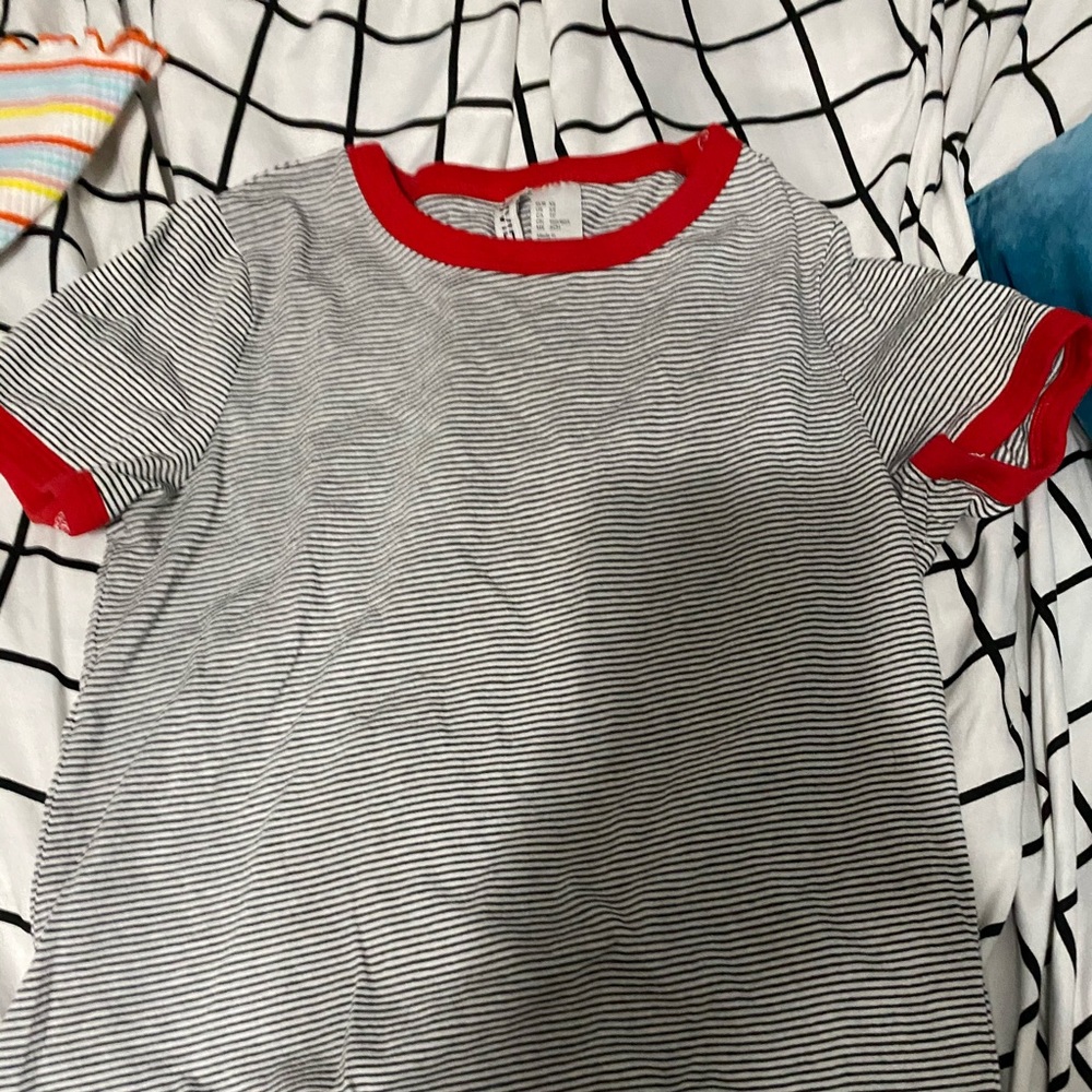 black and white striped tee with red detail